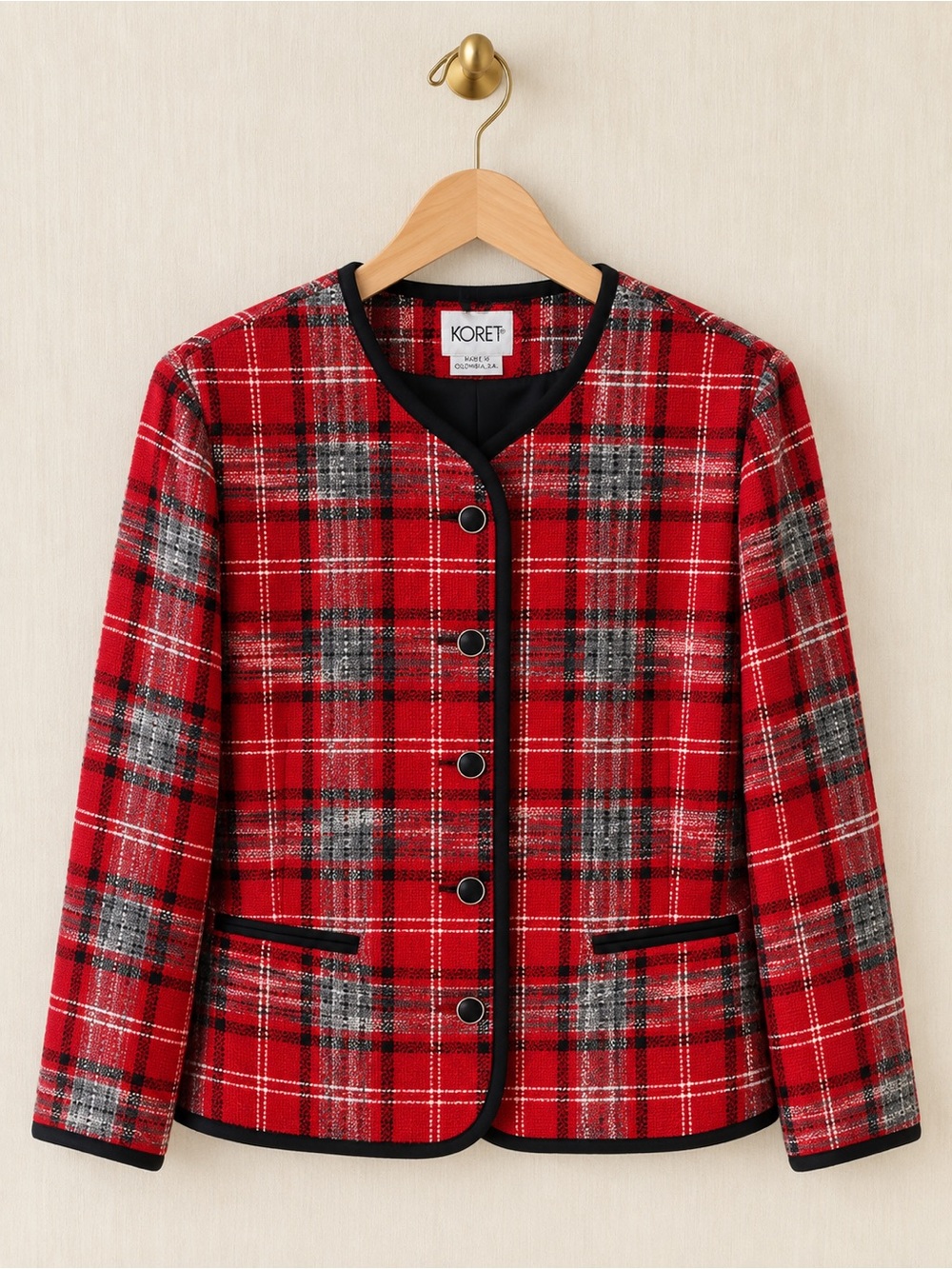 Vintage KORET Red Plaid Button Front Wool Blend Tweed Jacket Blazer Size 12